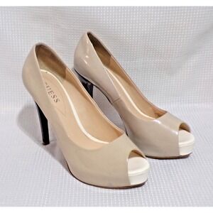 Guess Stilettos Nude Color w/Black Heel Size 8.5 Open Toe 5" Heels